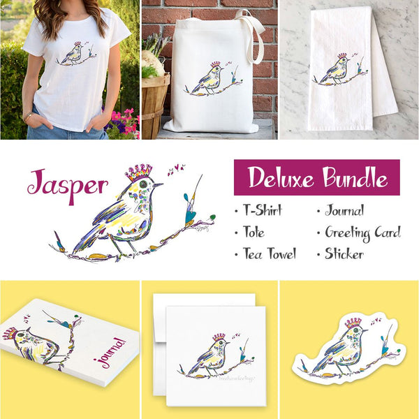 JASPER THE SONGBIRD | Deluxe Bundle Apparel, Greeting Card, Journal, Sticker, Tea Towel, Tote TREES HAVE FEELINGS 